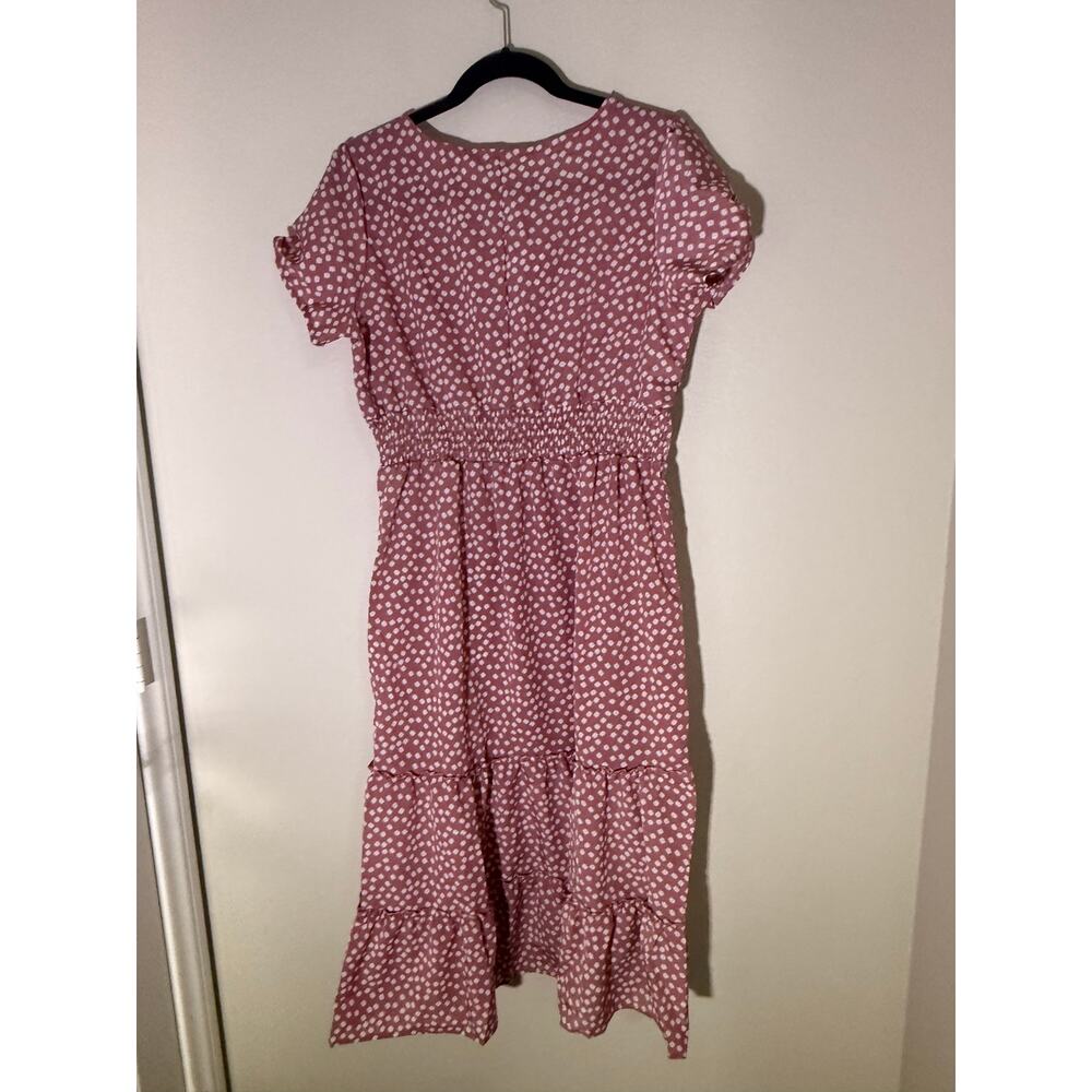 Women’s Pink Floral Puff Sleeve Midi Dress Medium Cottagecore Boho Tiered Daisy - Picture 3 of 7